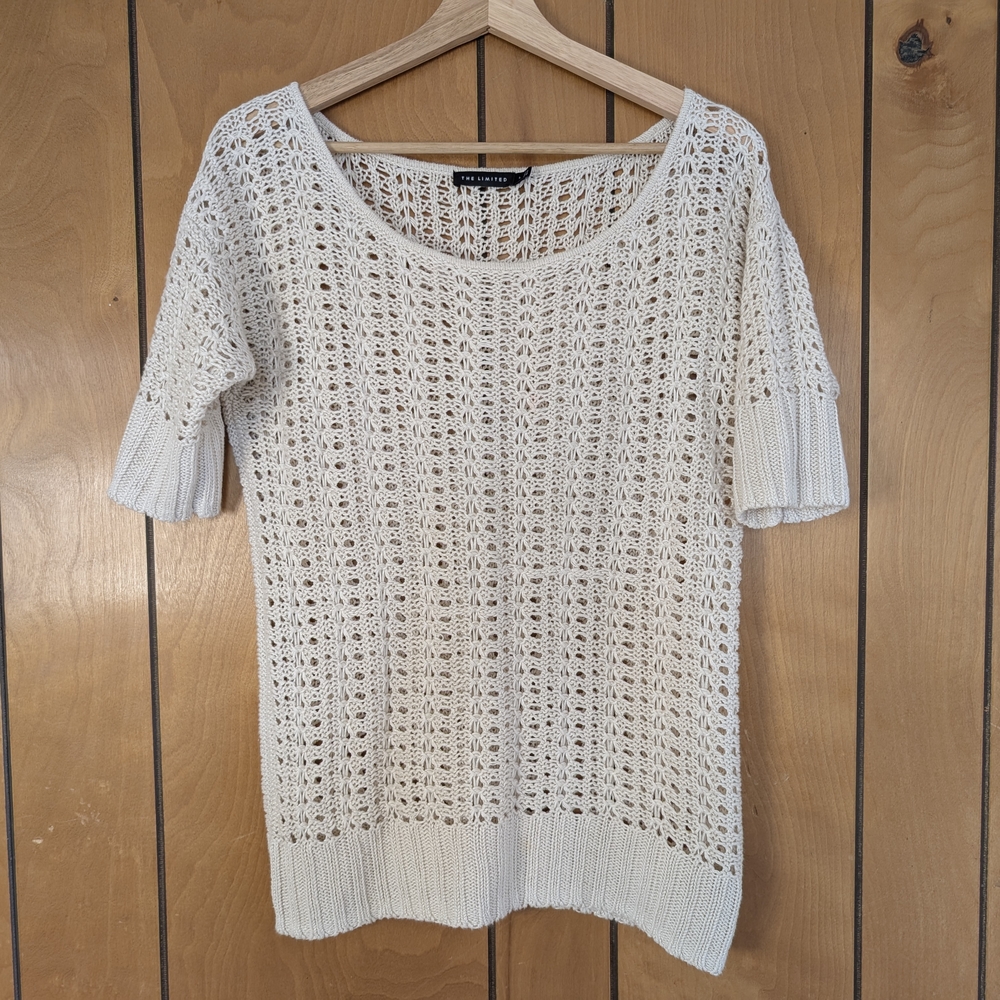 The Limited 100% Linen Open Knit Short Sleeve Top Neutral Minimalist
